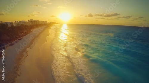 Sunrise Over Cancun Beach with Palm Trees and Calm Ocean | Golden Light and Tranquil Seaside View