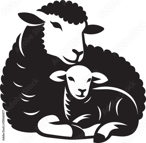 A sheep cuddled up with a lamb looking nurturing silhouette vector