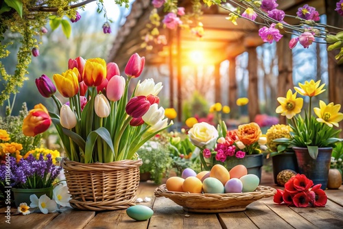 Wallpaper Mural Charming Floral Spring Easter Holiday Background with Lush Blooms and Bright Colors, Perfect for Seasonal Celebrations and Festive Greetings with Ample Copyspace for Custom Text Torontodigital.ca