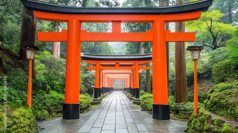 Majestic Torii gate in a tranquil forest, leading to a sacred Japanese shrine surrounded by lush greenery and stone paths. Majestic Torii gate in a tranquil forest, leading to a sacred Japanese shrine surrounded by lush greenery and stone paths.