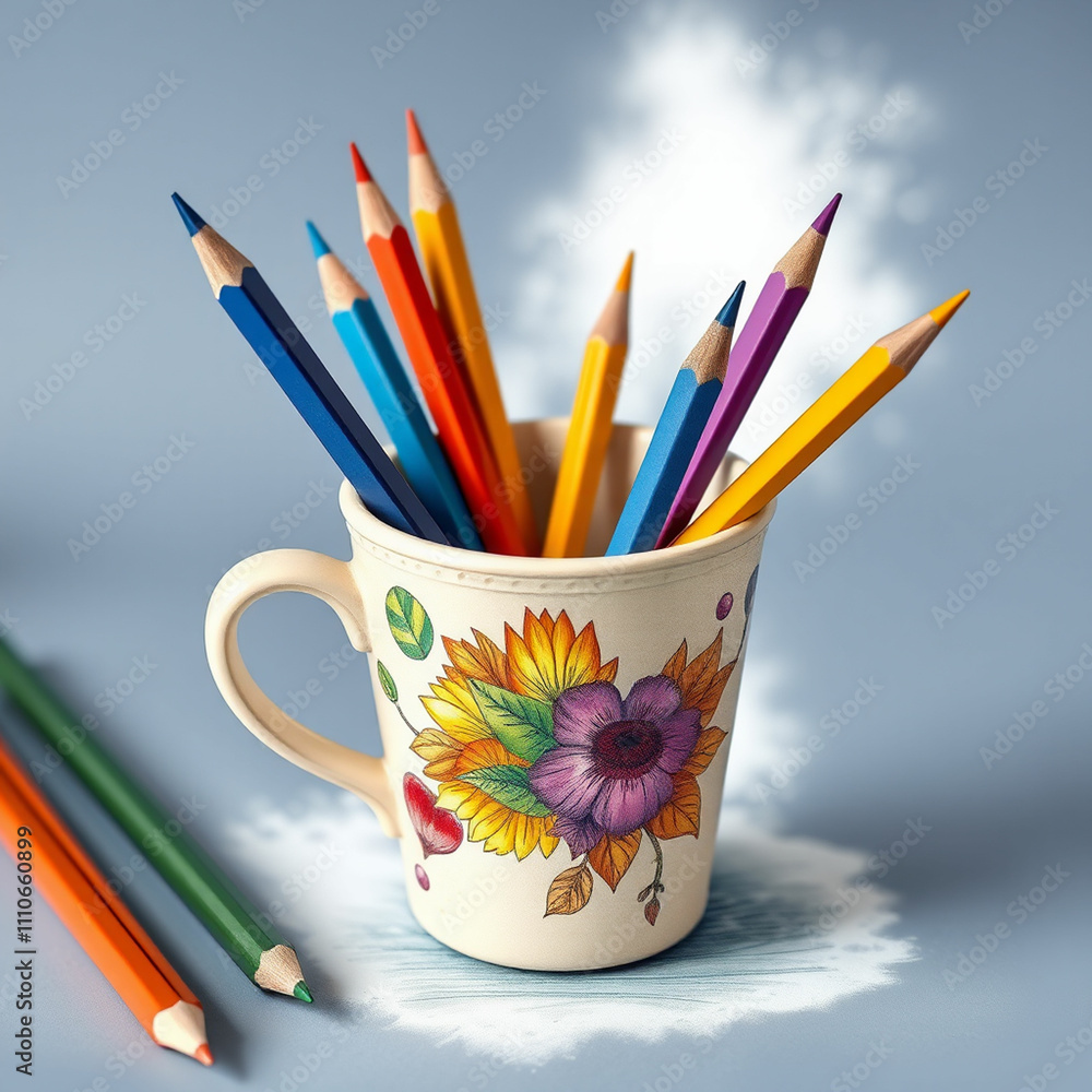 Cup with pencils and colorful drawing Cup with pencils and colorful drawing