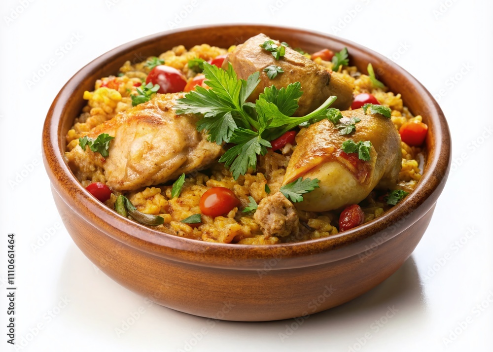 Clay Bowl of Chicken Rice Stew on White Background Showcasing Authentic Spanish Cuisine with Colorful Ingredients and Textures for Culinary Enthusiasts and Food Photography Lovers Clay Bowl of Chicken Rice Stew on White Background Showcasing Authentic Spanish Cuisine with Colorful Ingredients and Textures for Culinary Enthusiasts and Food Photography Lovers