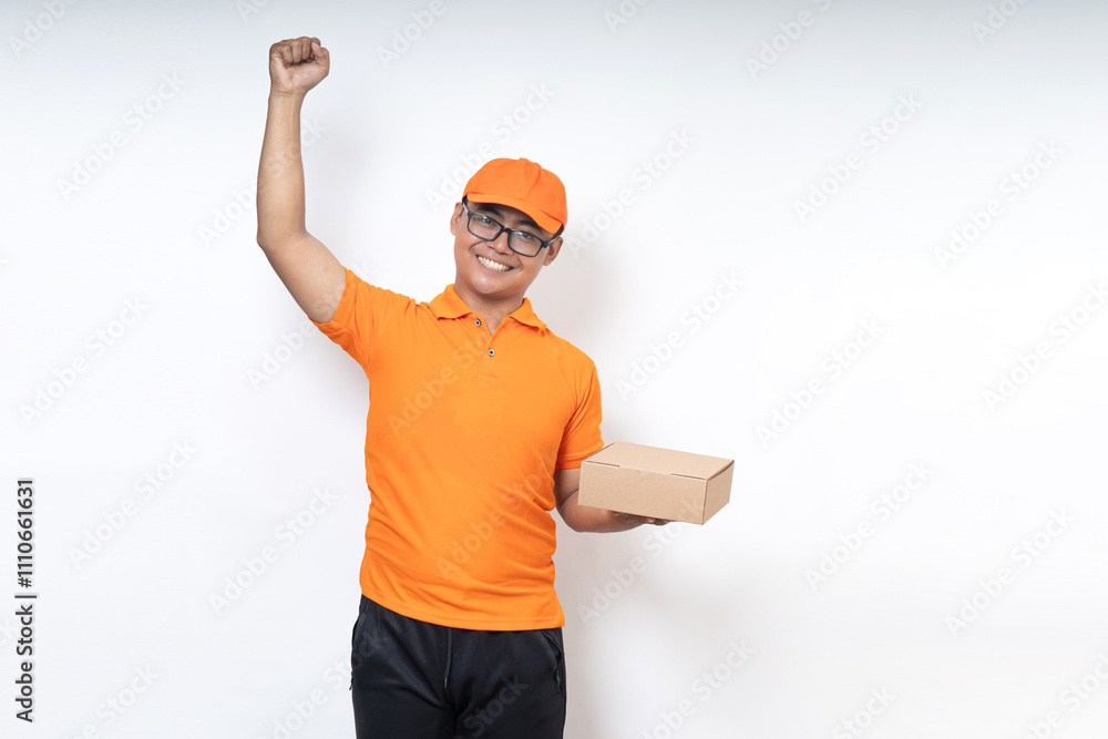 asian courier delivery wearing oranges uniform with parcel box isolated on white background, shipment service concept. asian courier delivery wearing oranges uniform with parcel box isolated on white background, shipment service concept.