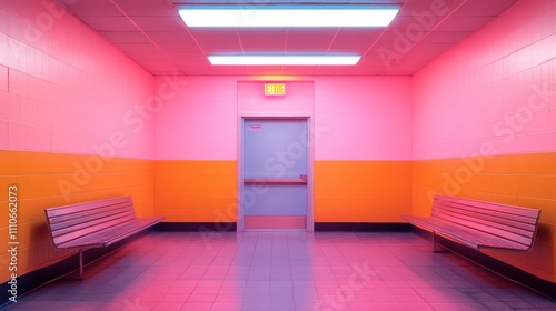 A photograph of an empty room with pink walls and door