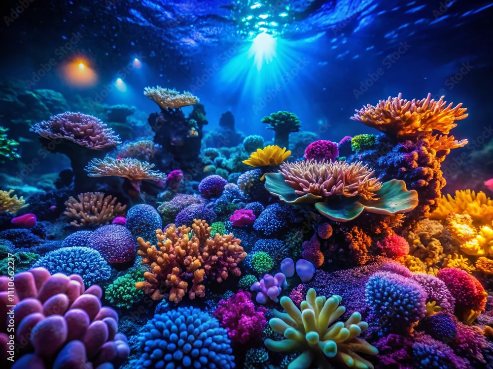 Obraz premium Closeup Night Photography of a Vibrant Coral Reef Teeming with Colorful Details Beneath the Ocean Surface, Showcasing the Beauty of Marine Life and Underwater Ecosystems