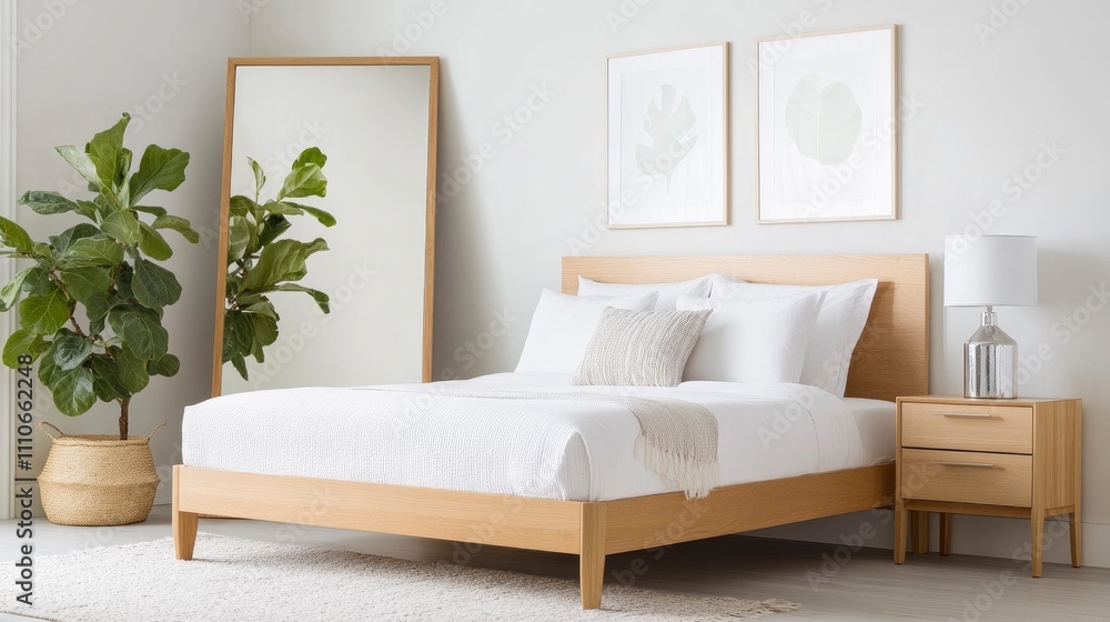 Fototapeta premium A modern bedroom with white walls, light wood furniture, and large mirrors. The bed is made of natural oak, the bedside tables have silver accents, and there's an indoor plant in front of it.
