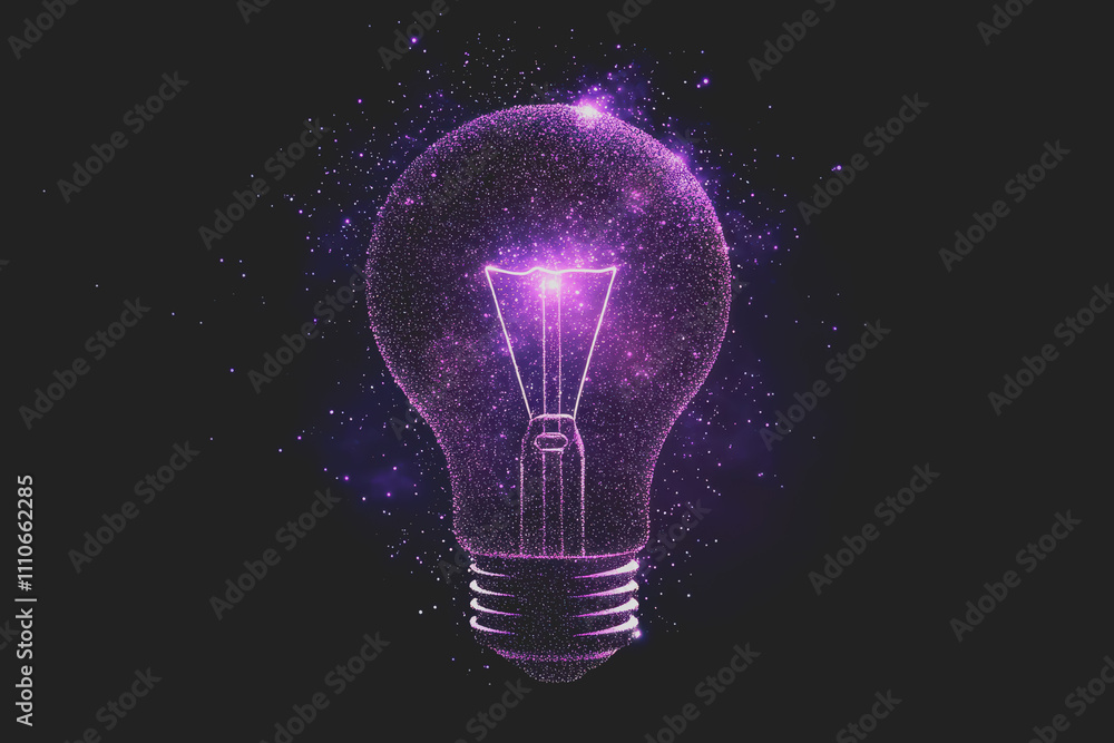 A light bulb with purple dots floating on a dark background. There are many small dots on the image. A light bulb with purple dots floating on a dark background. There are many small dots on the image.
