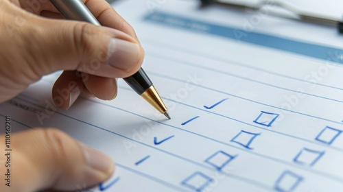 Completing Checklist with Pen on Paper. Close-up of a hand holding a pen and marking off items on a structured checklist, symbolizing organization and task management 