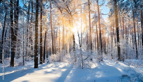 Winter abstract landscape. Sunlight in the winter forest.