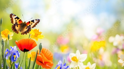 Beautiful spring background with green grass, blue background, and colorful wild flowers on a meadow, including poppies, daffodils, and irises, with a butterfly. Copy space concept.