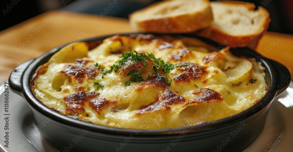 Plated Tartiflette with Garnish and Bread. AI generated illustration. Plated Tartiflette with Garnish and Bread. AI generated illustration.