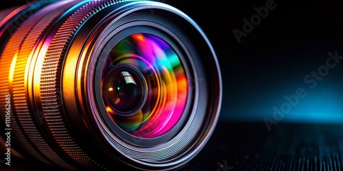 Close-Up of a Camera Lens Captured in Low Light Against a Black Background, Showcasing the Intricate Details and Texture of the Lens for Photography Enthusiasts