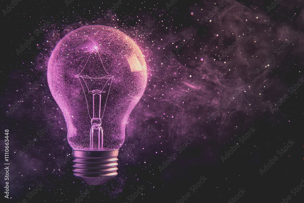 A light bulb with purple dots floating on a dark background. There are many small dots on the image. A light bulb with purple dots floating on a dark background. There are many small dots on the image.
