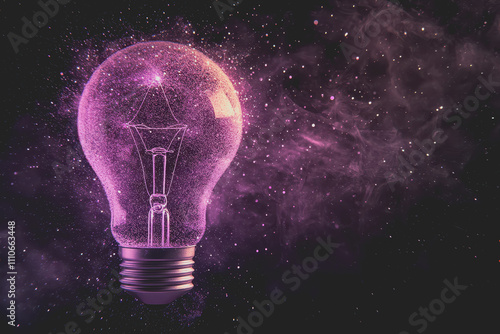 A light bulb with purple dots floating on a dark background. There are many small dots on the image.