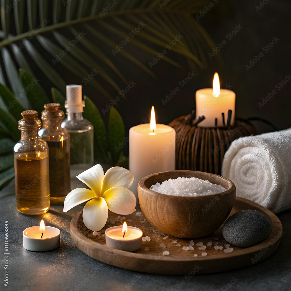 A serene spa composition featuring calming candles and fragrant frangipani flowers A serene spa composition featuring calming candles and fragrant frangipani flowers