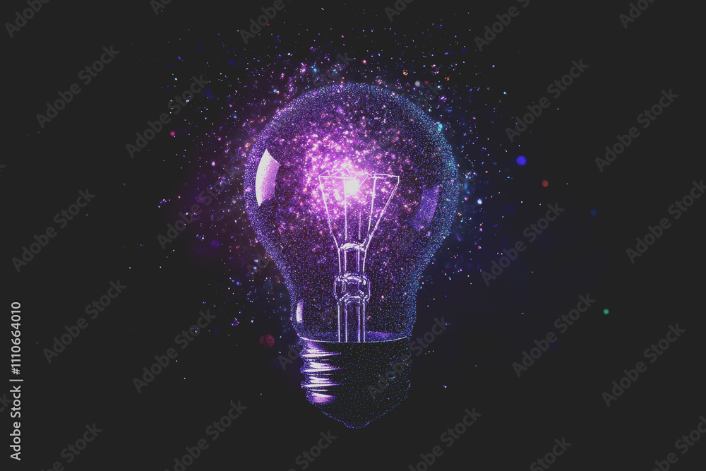 A light bulb with purple dots floating on a dark background. There are many small dots on the image. A light bulb with purple dots floating on a dark background. There are many small dots on the image.