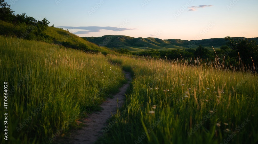 Sunset path through tall grass and wildflowers leading to rolling hills. Sunset path through tall grass and wildflowers leading to rolling hills.