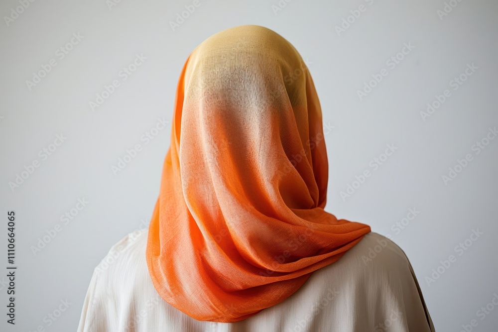 Woman with Orange Hijab Facing Away from Simple Background Woman with Orange Hijab Facing Away from Simple Background