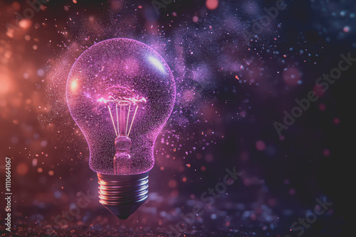A light bulb with purple dots floating on a dark background. There are many small dots on the image.