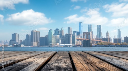 Rustic wooden tabletop foreground, hazy view of Brooklyn Bridge with towering cityscape in the distance.