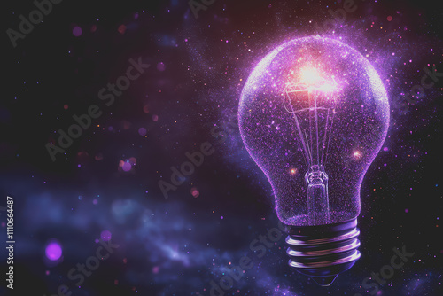 A light bulb with purple dots floating on a dark background. There are many small dots on the image.