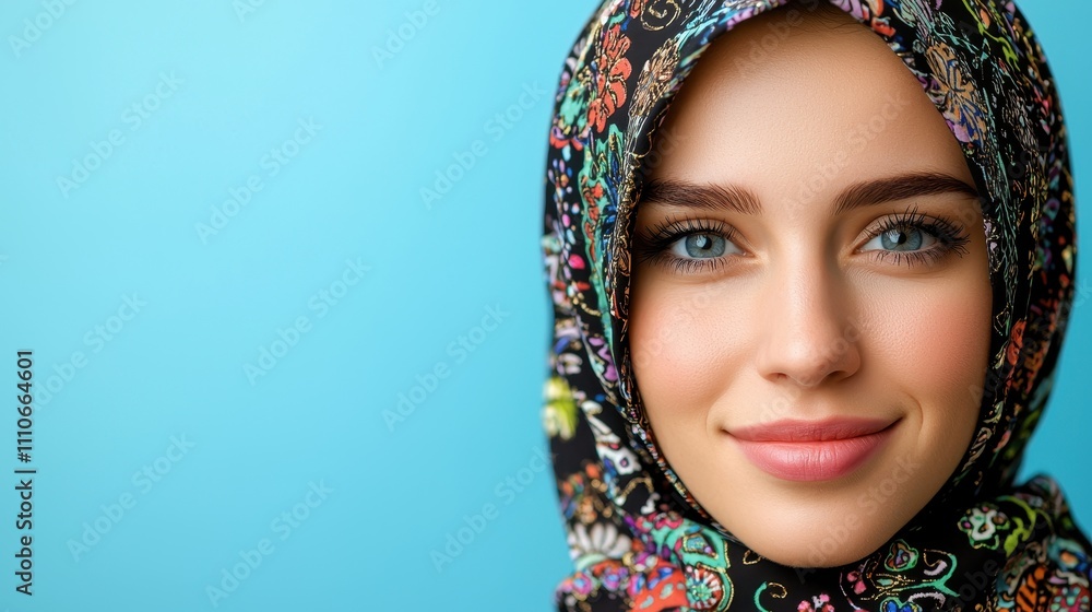 Beautiful Young Woman in Colorful Headscarf Against Blue Background Beautiful Young Woman in Colorful Headscarf Against Blue Background