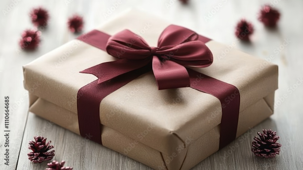 A beautifully wrapped gift box adorned with a deep red satin ribbon, surrounded by small decorative pinecones on a wooden surface, capturing the essence of celebration and surprise. A beautifully wrapped gift box adorned with a deep red satin ribbon, surrounded by small decorative pinecones on a wooden surface, capturing the essence of celebration and surprise.