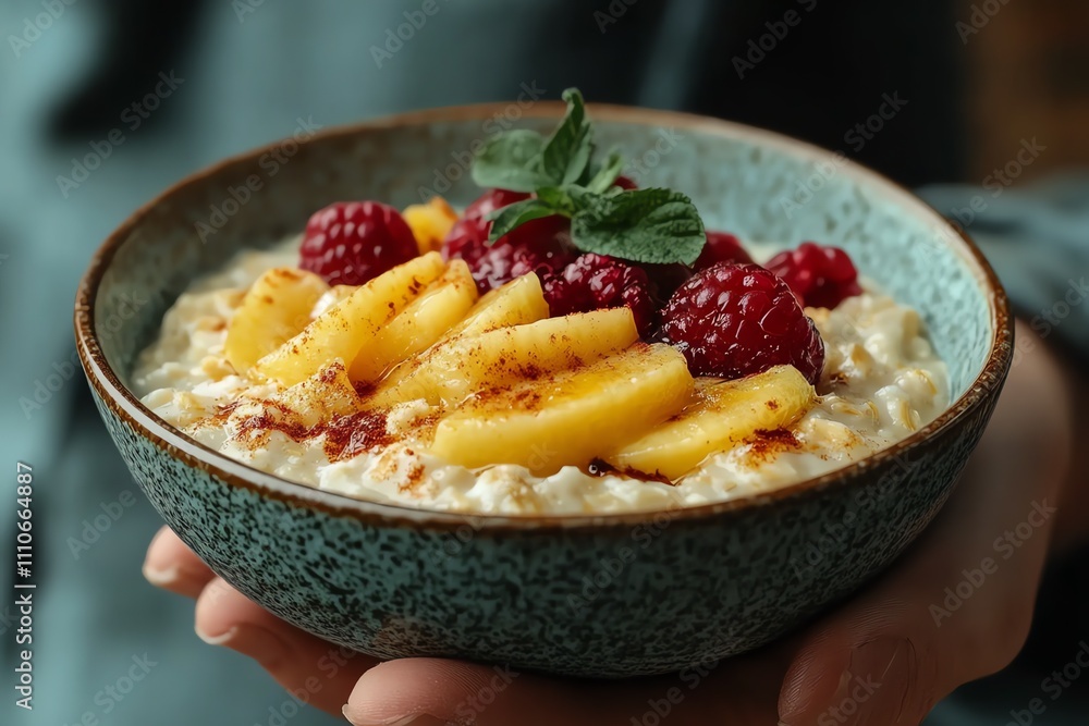 A Hand Holding a Fruit Topped Bowl A Hand Holding a Fruit Topped Bowl