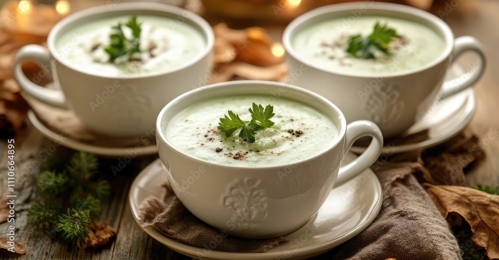 Autumn Winter Dinner with Celery Cream Soup. AI generated illustration. Autumn Winter Dinner with Celery Cream Soup. AI generated illustration.