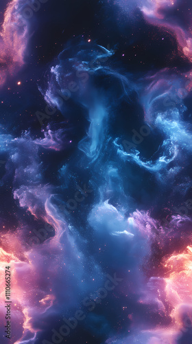 There is a gradient of blue and purple in the background, swirling white powder that has a blue glow.