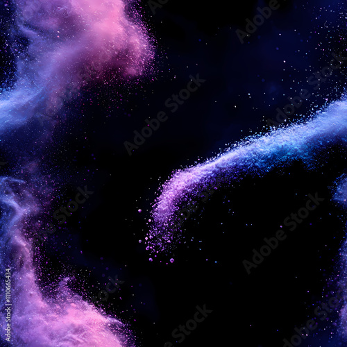 There is a gradient of blue and purple in the background, swirling white powder that has a blue glow.