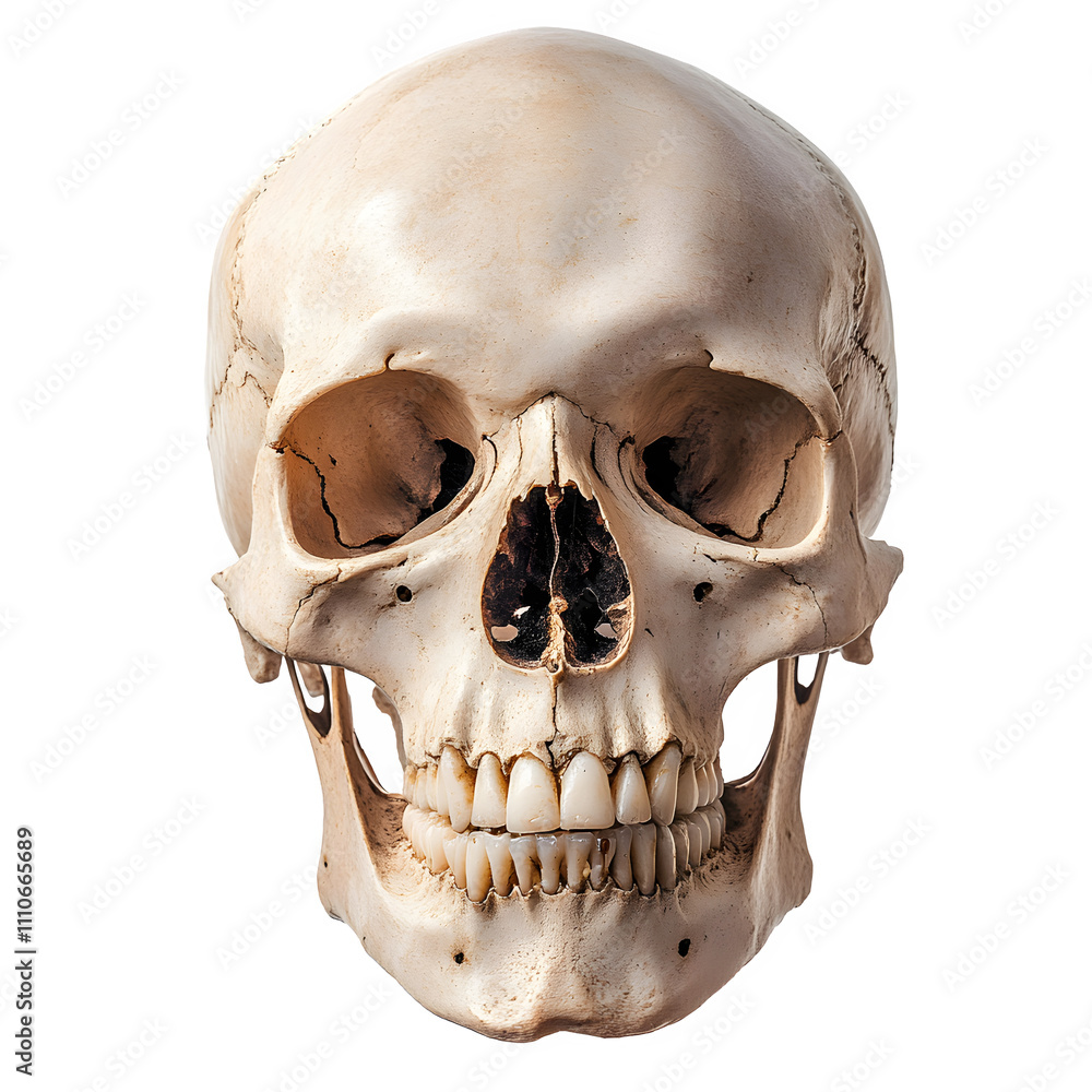 Obraz premium Spooky human skull with teeth on transparent background, perfect for halloween or projects needing fear. Detailed bones make it intriguing for anatomy fans
