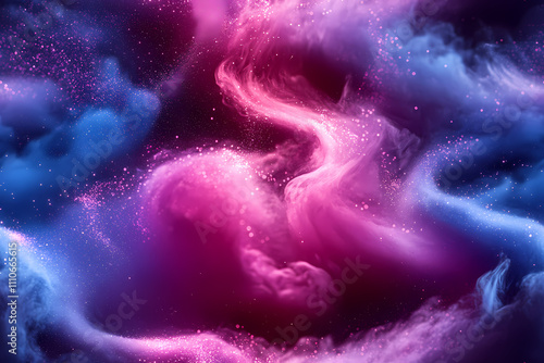 There is a gradient of blue and purple in the background, swirling white powder that has a blue glow.