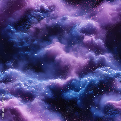 There is a gradient of blue and purple in the background, swirling white powder that has a blue glow.