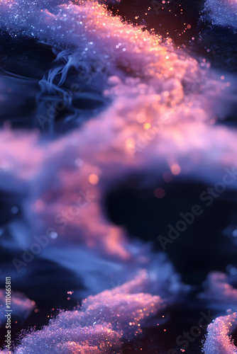 There is a gradient of blue and purple in the background, swirling white powder that has a blue glow.