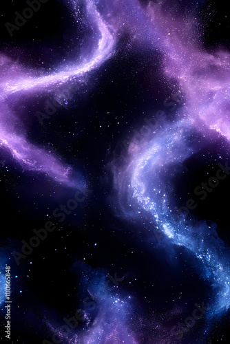 There is a gradient of blue and purple in the background, swirling white powder that has a blue glow.