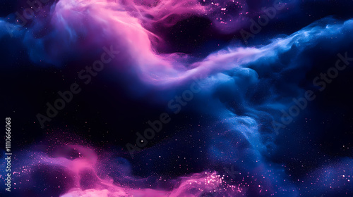 There is a gradient of blue and purple in the background, swirling white powder that has a blue glow.