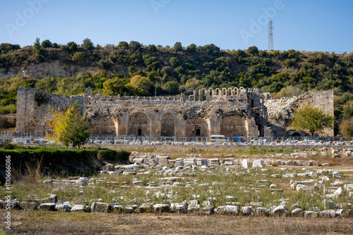 Rows of columns in Perge, Antalya, Turkey. Remains of colonnaded street in Pamphylian ancient city.Rows of columns in Perge, Antalya, Turkey. Ancient Kestros Fountain. Aksu, Antalya photo