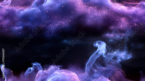 There is a gradient of blue and purple in the background, swirling white powder that has a blue glow.