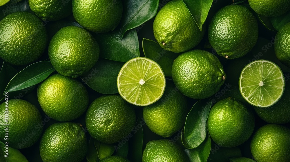 A vibrant arrangement of limes and lime halves surrounded by green leaves. A vibrant arrangement of limes and lime halves surrounded by green leaves.