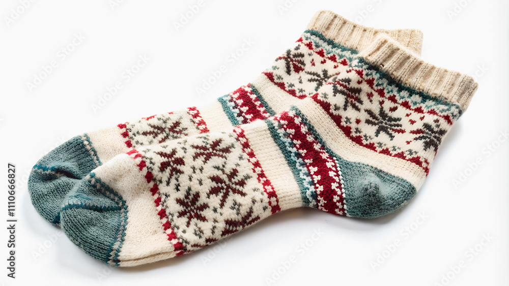 A pair of warm socks with a pattern decorated with a festive snowflake design on a white background.Cozy, hand-knitted socks with a wintery color palette. A pair of warm socks with a pattern decorated with a festive snowflake design on a white background.Cozy, hand-knitted socks with a wintery color palette.