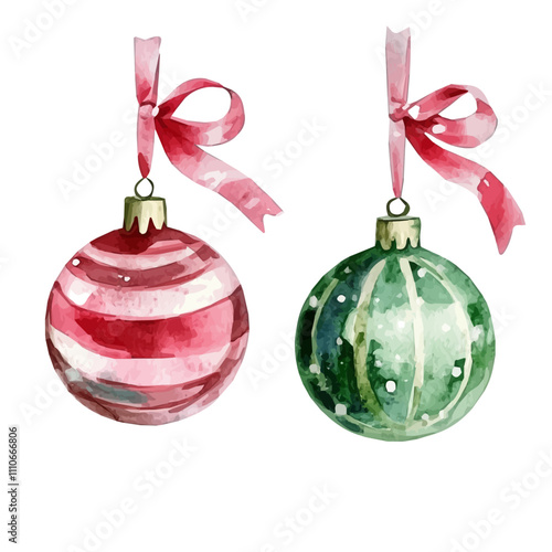 set of Christmas balls in watercolor style, Watercolor Christmas ornaments and ribbon isolated on white background, vector design