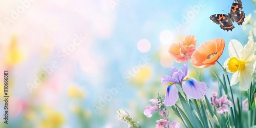 Beautiful spring background with green grass, blue background, and colorful wild flowers on a meadow, including poppies, daffodils, and irises, with a butterfly. Copy space concept.