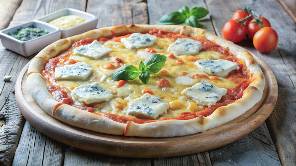 A rustic wooden pizza board holds a gourmet pizza, topped with generous portions of melted mozzarella and gorgonzola cheese.Fresh basil and cherry tomatoes accent the pizza's rich, vibrant sauce. A rustic wooden pizza board holds a gourmet pizza, topped with generous portions of melted mozzarella and gorgonzola cheese.Fresh basil and cherry tomatoes accent the pizza's rich, vibrant sauce.