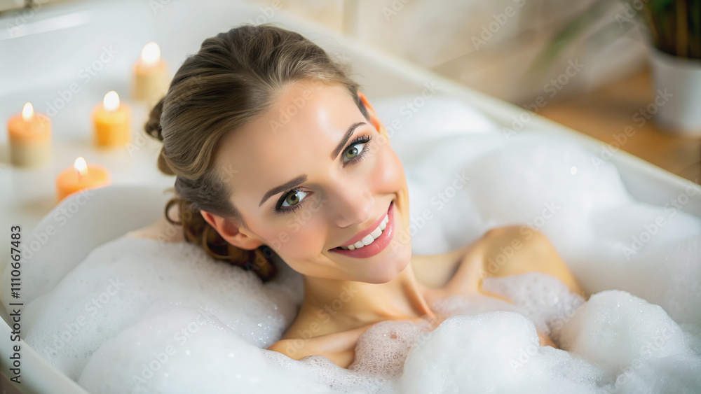 A woman relaxes in a bubbly bath, surrounded by soft candlelight.Soft, white foam embraces a smiling woman in a tranquil bath. A woman relaxes in a bubbly bath, surrounded by soft candlelight.Soft, white foam embraces a smiling woman in a tranquil bath.