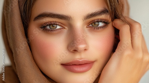 Close-up Portrait of a Young Woman with Brown Headscarf and Soft Makeup