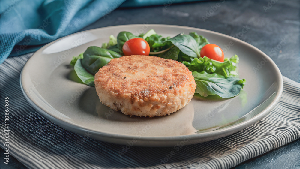 Crispy vegetarian cutlet, served with a fresh salad of lettuce and cherry tomatoes.A perfectly cooked vegetarian cutlet, ready to be enjoyed. Crispy vegetarian cutlet, served with a fresh salad of lettuce and cherry tomatoes.A perfectly cooked vegetarian cutlet, ready to be enjoyed.