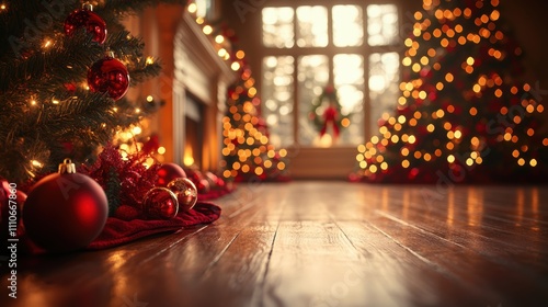 A beautifully decorated room with glowing Christmas lights and ornaments reflecting the warmth and spirit of the festive holiday season near a cozy fireplace.