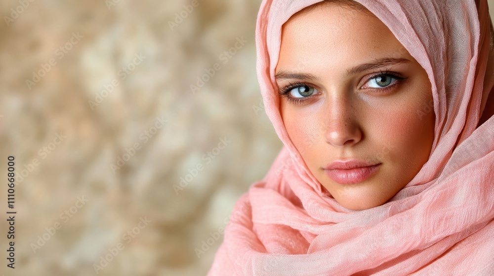 Beautiful Young Woman with Light Pink Scarf and Striking Blue Eyes Beautiful Young Woman with Light Pink Scarf and Striking Blue Eyes