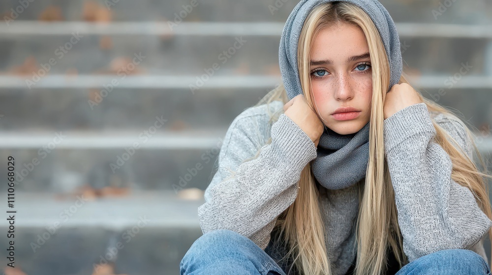 Young Woman with Long Hair in Grey Sweater and Scarf Sitting Steps Young Woman with Long Hair in Grey Sweater and Scarf Sitting Steps